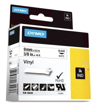 Tape DYMO Rhino vinyl sort/hvit 9mm